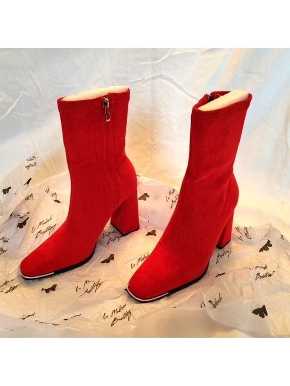 NWOT Red Faux Suede Zipper Chunky Heel Boots with Metal Accent